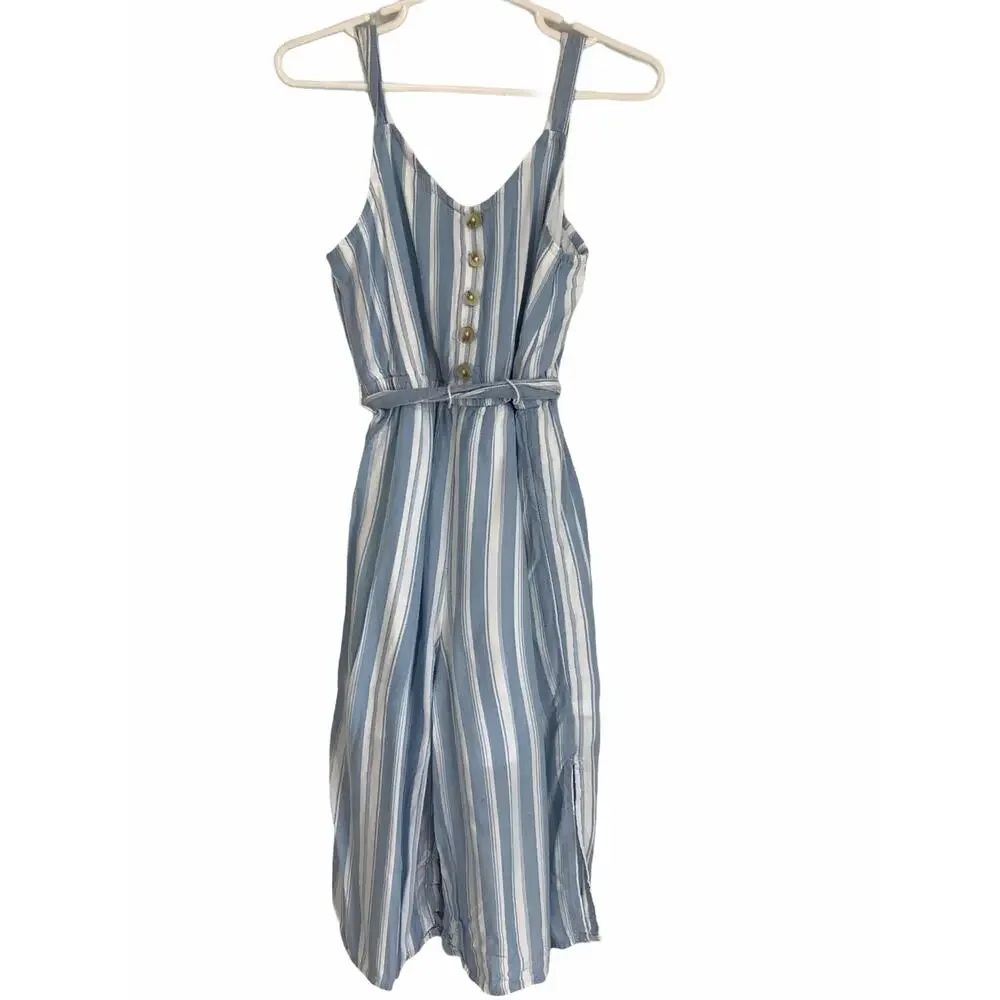 Justice Blue White Striped Quarter Button Jumpsuit